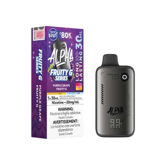 Flavour Beast Alpha 80K disposable vape Purple Grape Fruity G flavour 30mL 20mg nicotine device and packaging