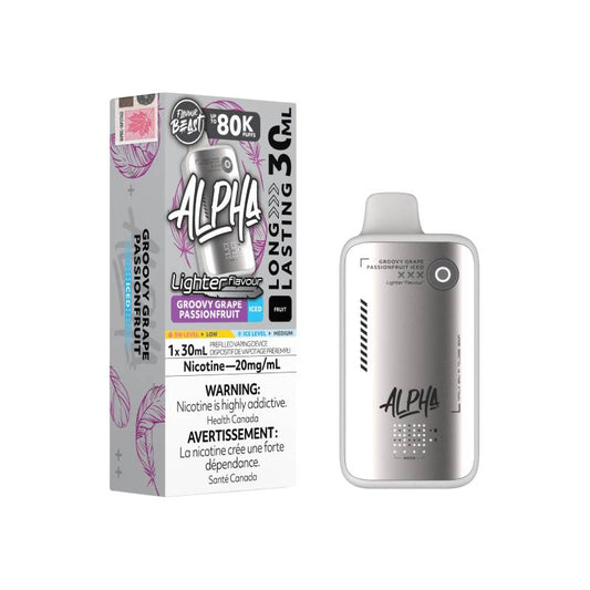 Flavour Beast ALPHA 80K Lighter Flavours Groovy Grape Passionfruit Iced disposable vape with retail packaging
