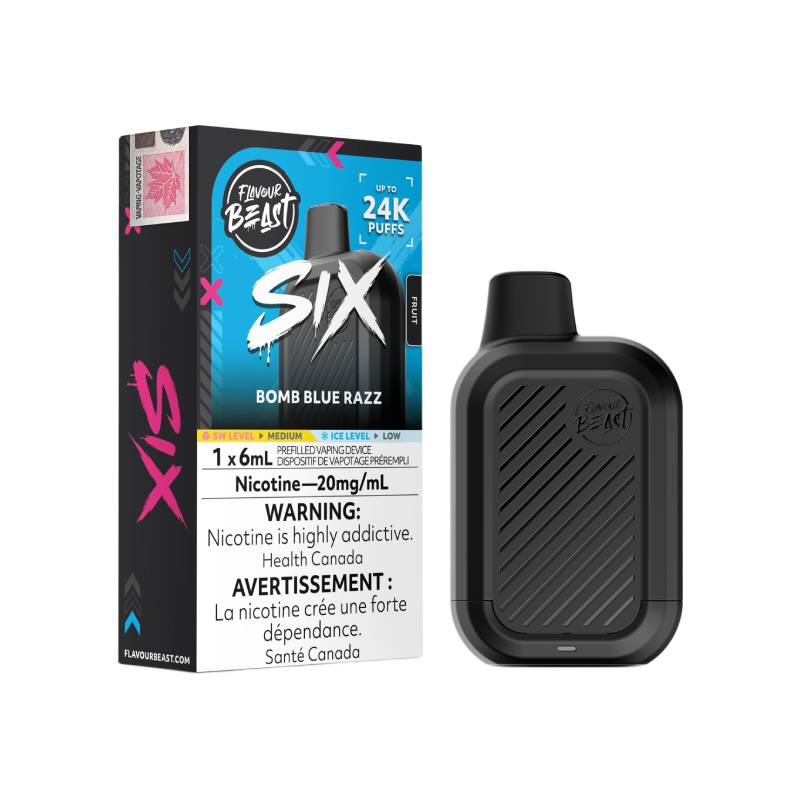 Flavour Beast SIX 24K Bomb Blue Razz disposable vape with retail packaging