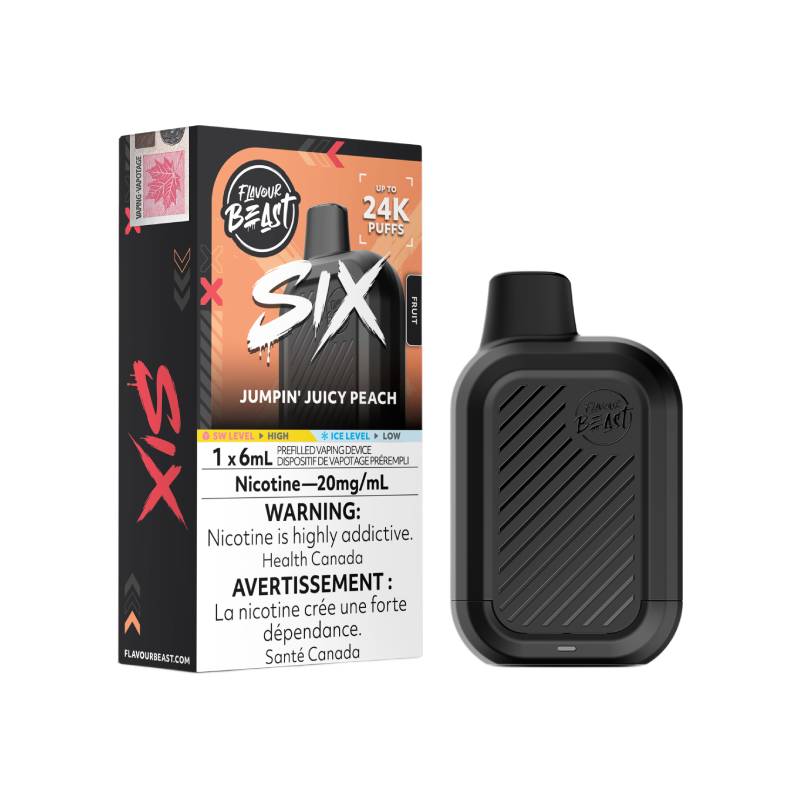 Flavour Beast SIX 24K Jumpin' Juicy Peach disposable vape with retail packaging