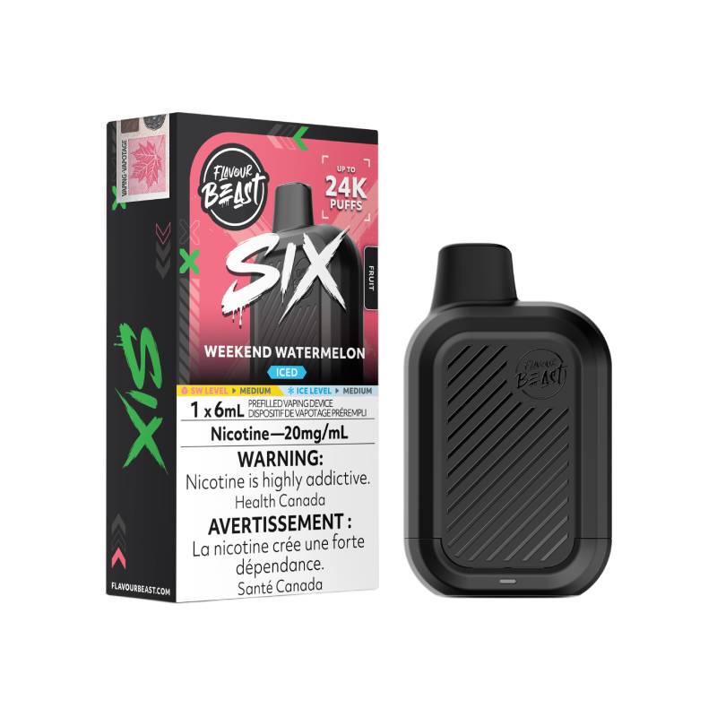 Flavour Beast SIX 24K Weekend Watermelon disposable vape with retail packaging
