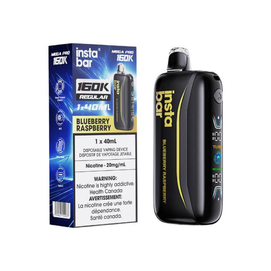 Insta Bar Mega Pro 160K Blueberry Raspberry disposable vape with retail packaging