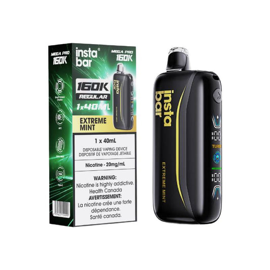 Insta Bar Mega Pro 160K Extreme Mint disposable vape with retail packaging