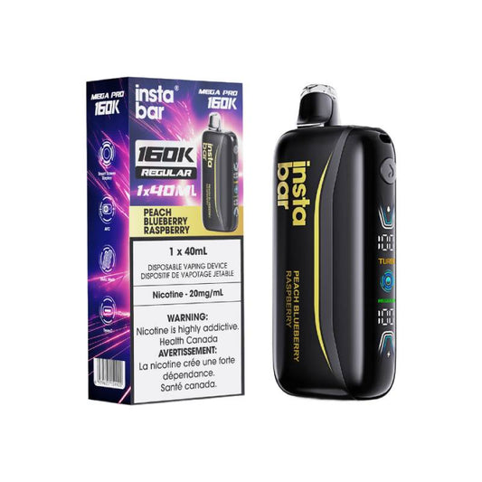 Insta Bar Mega Pro 160K Peach Blueberry Raspberry disposable vape with retail packaging