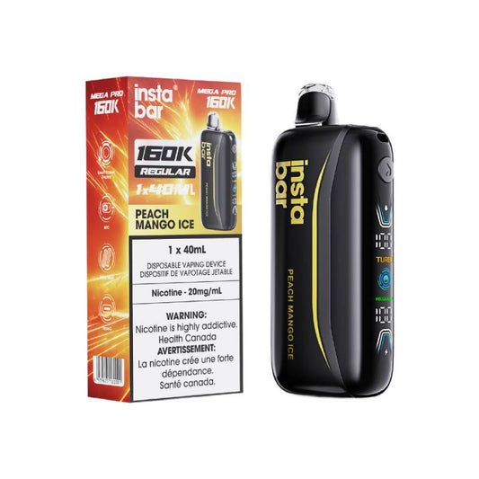 Insta Bar Mega Pro 160K Peach Mango Ice disposable vape with retail packaging