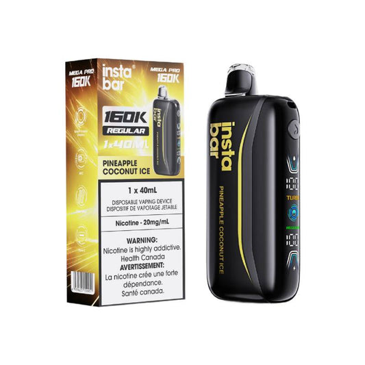 Insta Bar Mega Pro 160K Pineapple Coconut Ice disposable vape with retail packaging