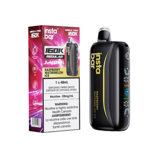 Insta Bar Mega Pro 160K Raspberry Watermelon Ice disposable vape with retail packaging