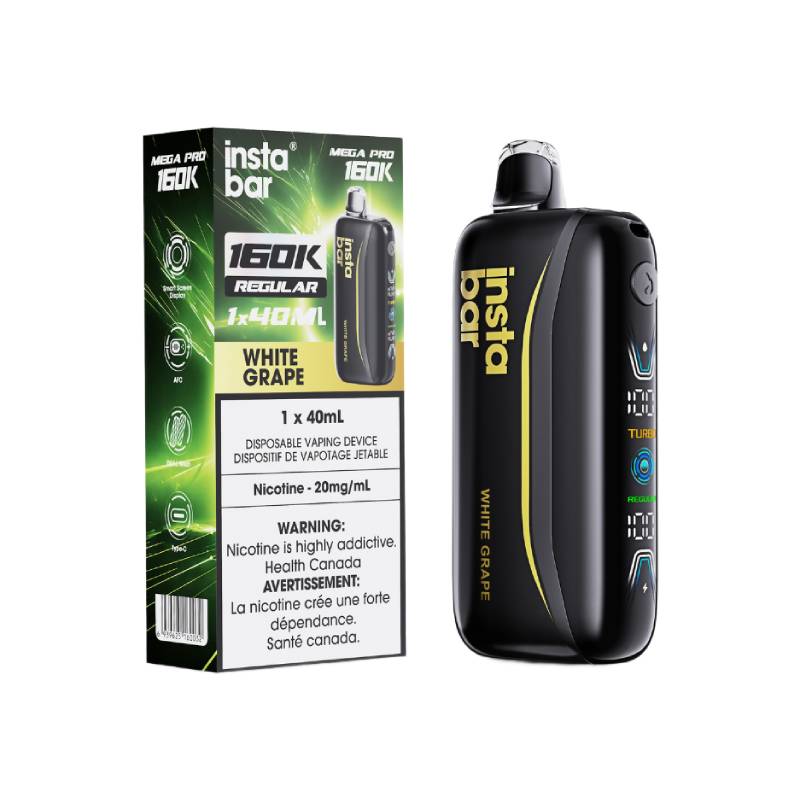 Insta Bar Mega Pro 160K White Grape disposable vape with retail packaging