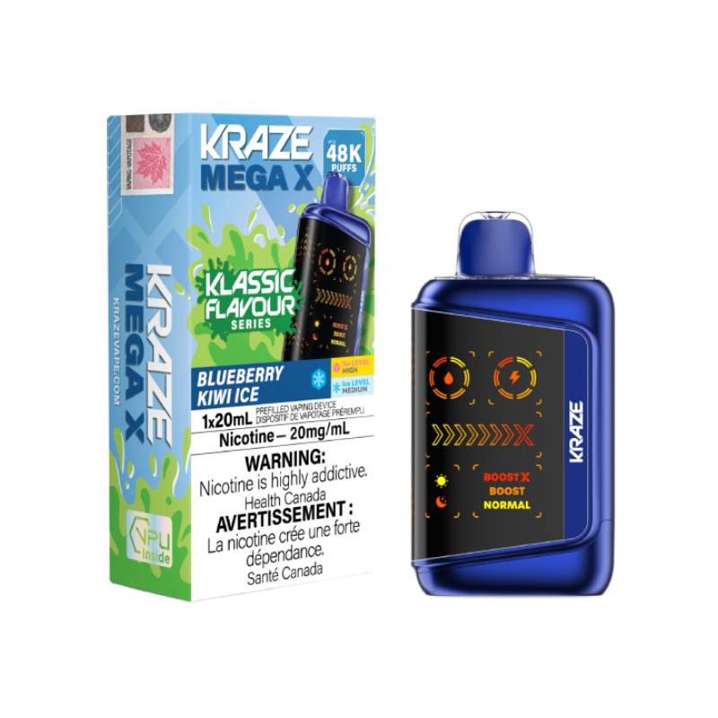 Kraze Mega X 48K Blueberry Kiwi Ice Disposable Vape 20mg with up to 48000 puffs and blueberry kiwi ice flavour