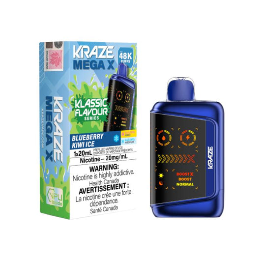 Kraze Mega X 48K Blueberry Kiwi Ice Disposable Vape 20mg with up to 48000 puffs and blueberry kiwi ice flavour