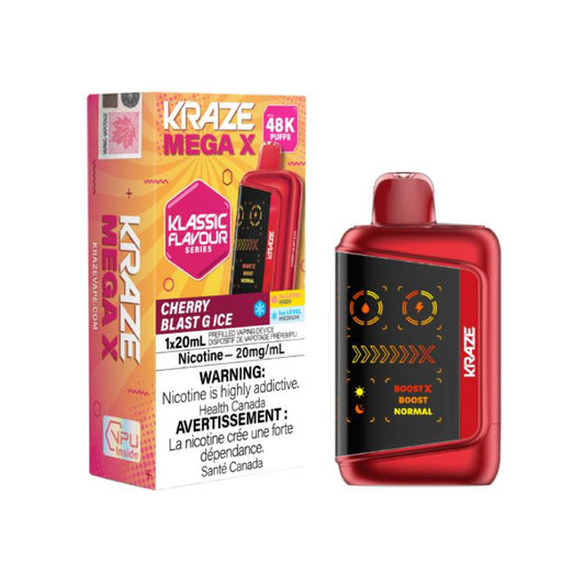 Kraze Mega X 48K Cherry Blast G Ice Disposable Vape 20mg with up to 48000 puffs and sweet cherry ice flavour
