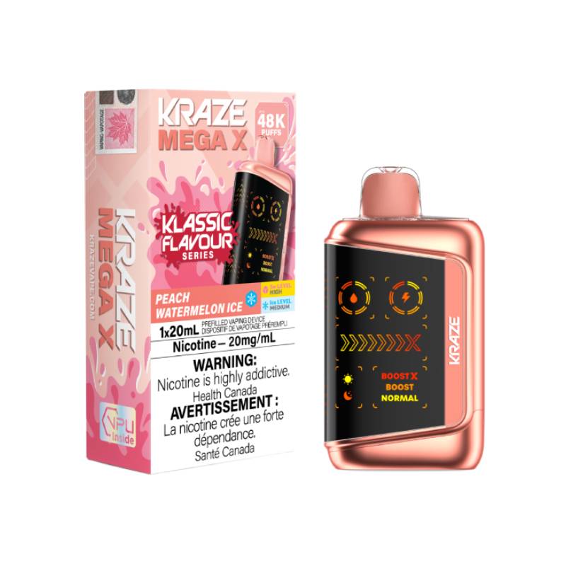 Kraze Mega X 48K Peach Watermelon Ice Disposable Vape 20mg with up to 48000 puffs and peach watermelon ice flavour