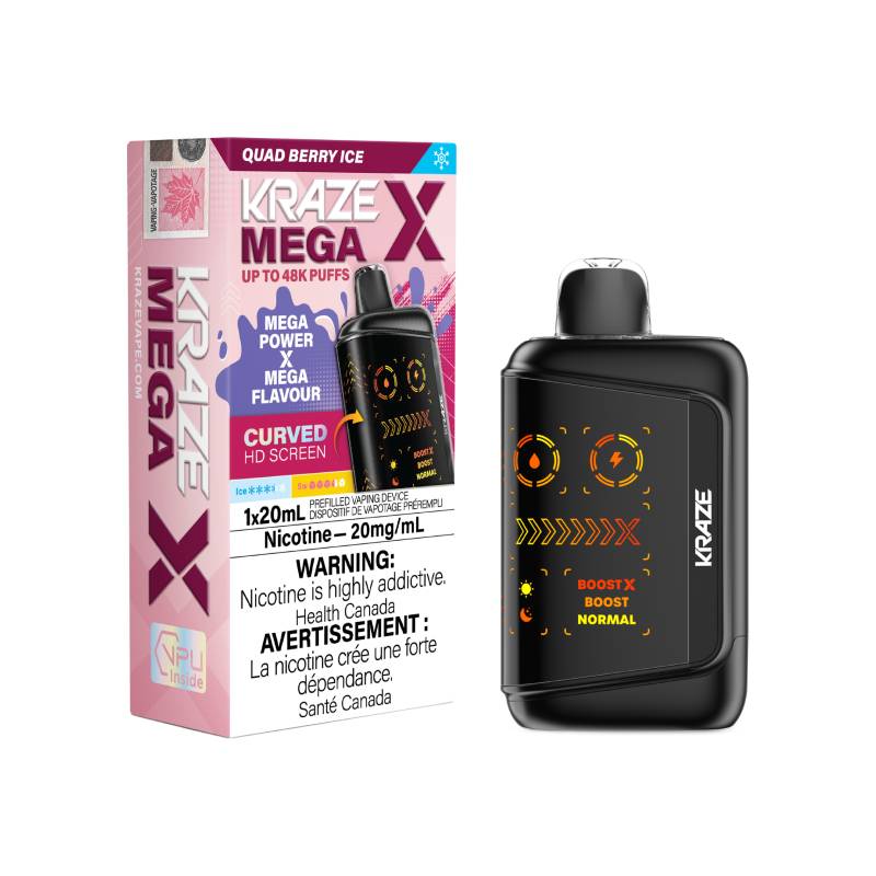 Kraze Mega X 48K disposable vape with quad berry ice flavour, 20mg nicotine
