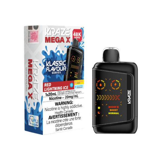 Kraze Mega X 48K Red Lightning Ice Disposable Vape 20mg with up to 48000 puffs and bold icy fruit flavour