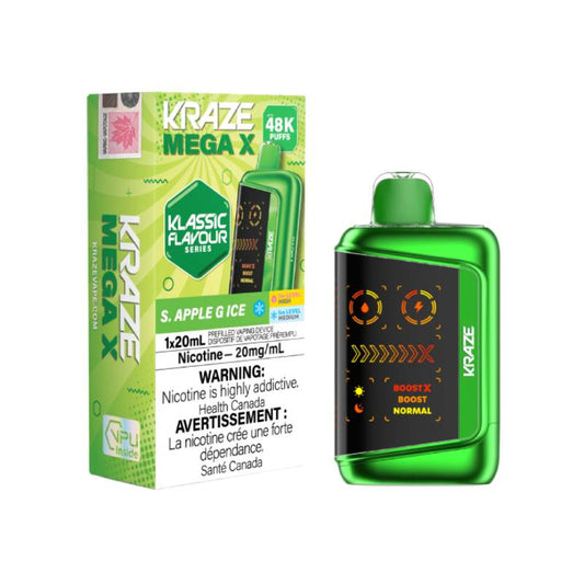 Kraze Mega X 48K S. Apple G Ice Disposable Vape 20mg with up to 48000 puffs and sour green apple ice flavour