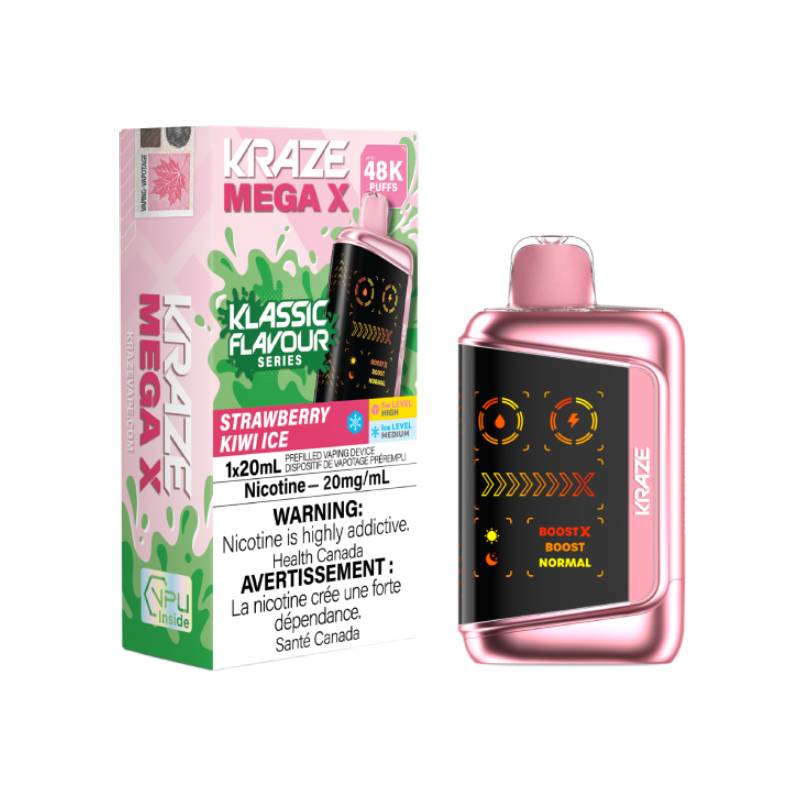 Kraze Mega X 48K Strawberry Kiwi Ice Disposable Vape 20mg with up to 48000 puffs and sweet strawberry kiwi flavour