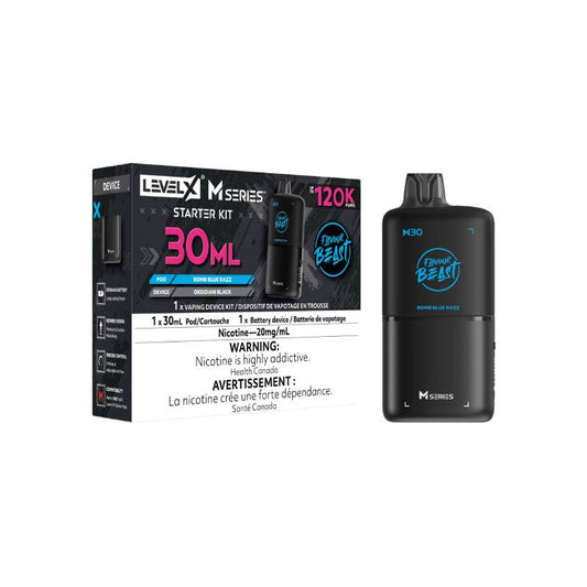 Level X M Series M30 120K Bomb Blue Razz vape starter kit with device and retail packaging