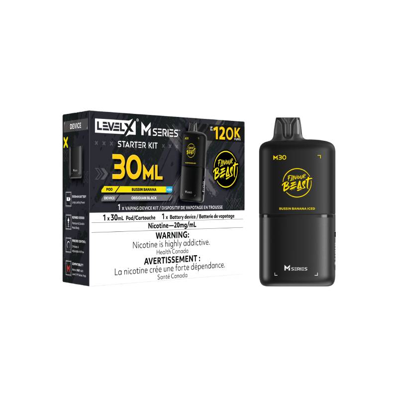 Level X M Series M30 120K Bussin' Banana vape starter kit with device and retail packaging