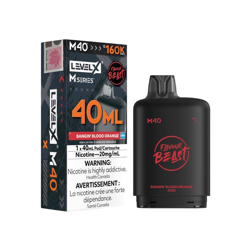Level X M Series M40 160K Bangin' Blood Orange Iced vape pod with retail packaging