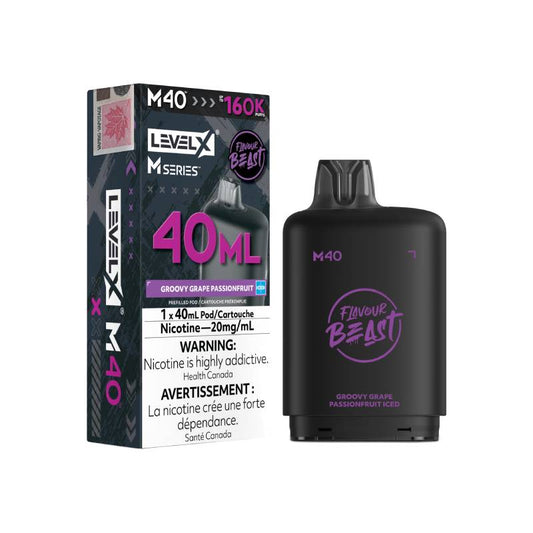 Level X M Series M40 160K Groovy Grape Passionfruit Iced vape pod with retail packaging