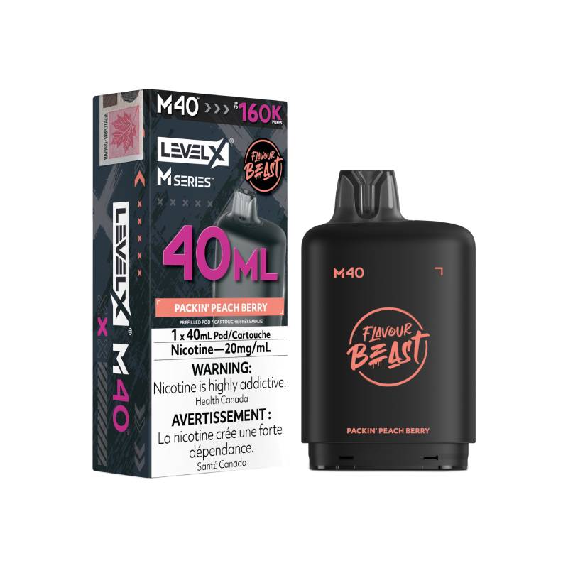 Level X M Series M40 160K Packin' Peach Berry vape pod with retail packaging