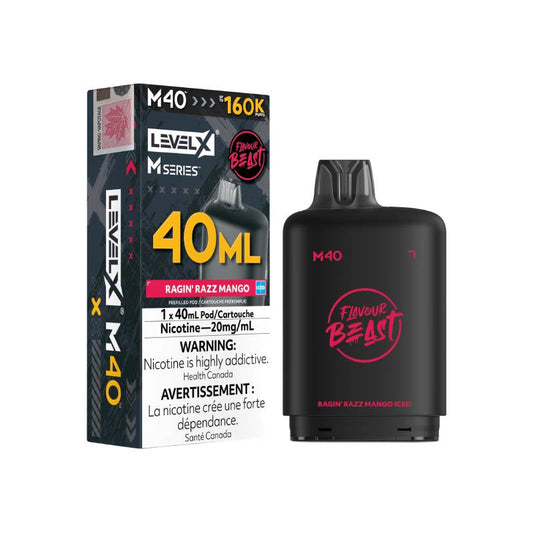 Level X M Series M40 160K Ragin' Razz Mango Iced vape pod with retail packaging