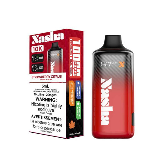 Nasha 10k Strawberry Citrus disposable vape 20mg Synthetic 50 nic — sweet strawberry with zesty citrus blend, 10,000 puffs