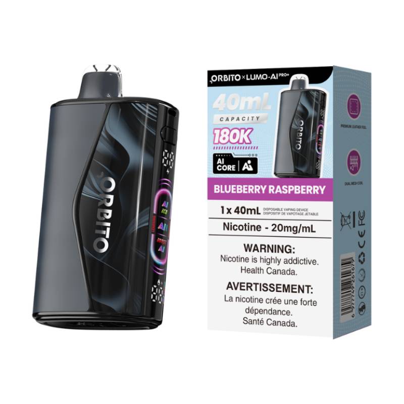 Orbito Lumo AI Pro+ 180K Blueberry Raspberry disposable vape with retail packaging