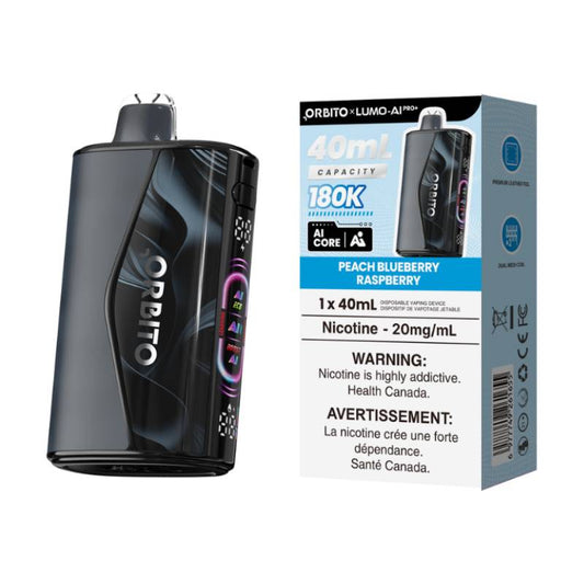 Orbito Lumo AI Pro+ 180K Peach Blueberry Raspberry disposable vape with retail packaging