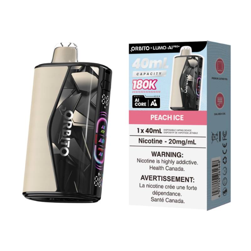 Orbito Lumo AI Pro+ 180K Peach Ice disposable vape with retail packaging