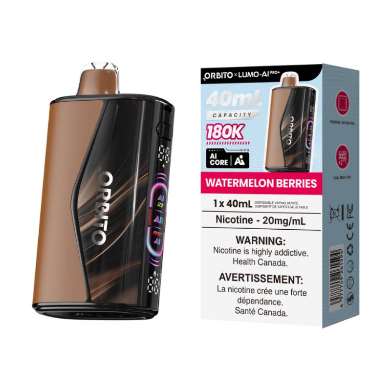 Orbito Lumo AI Pro+ 180K Watermelon Berries disposable vape with retail packaging