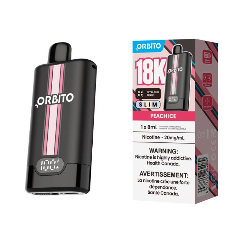 Orbito Slim 18K Peach Ice disposable vape with retail packaging