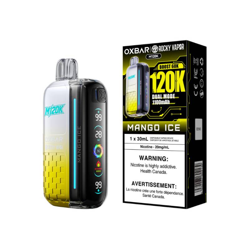 OXBAR x Rocky Vapor M120K Mango Ice disposable vape with retail packaging