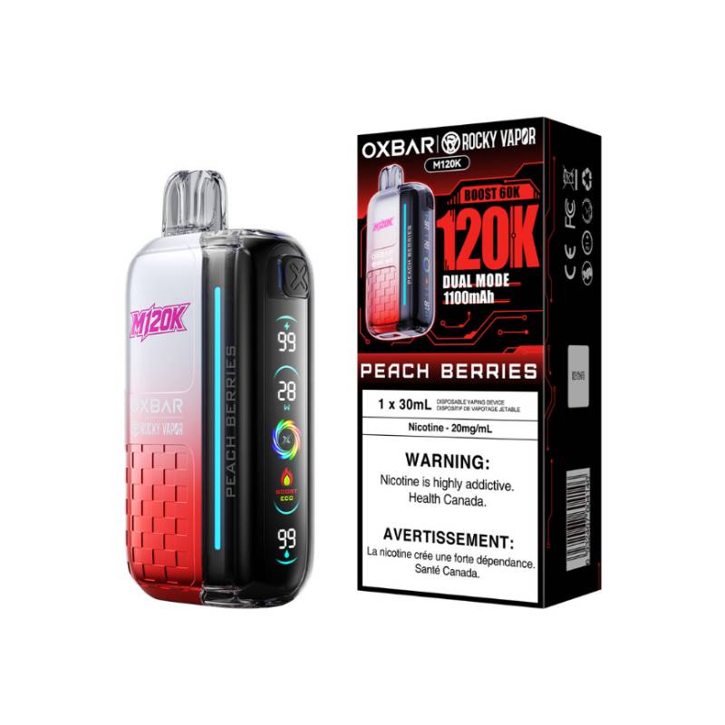 OXBAR x Rocky Vapor M120K Peach Berries disposable vape with retail packaging