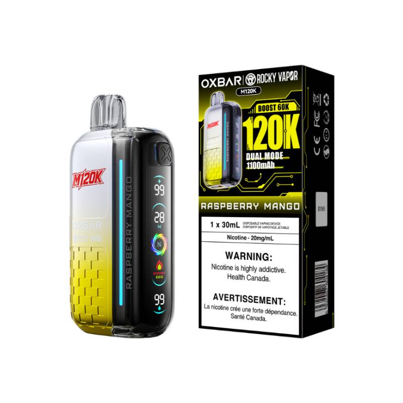 OXBAR x Rocky Vapor M120K Raspberry Mango disposable vape with retail packaging