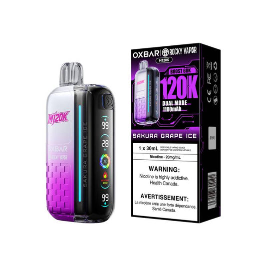 OXBAR x Rocky Vapor M120K Sakura Grape Ice disposable vape with retail packaging