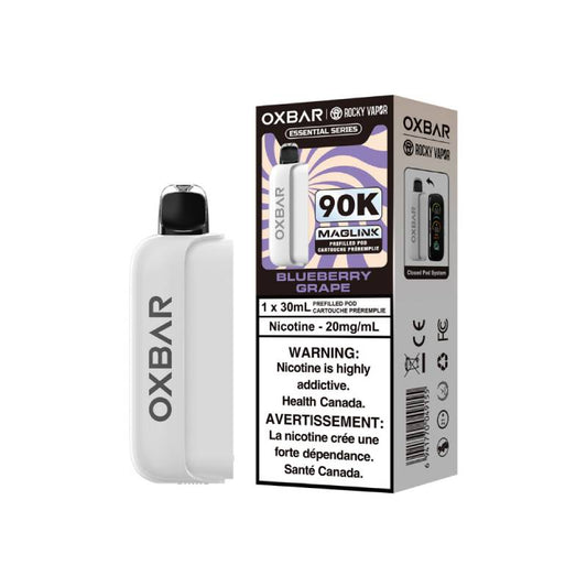 OXBAR x Rocky Vapor Magic Link 90K Essential Series Blueberry Grape prefilled vape pod with retail packaging