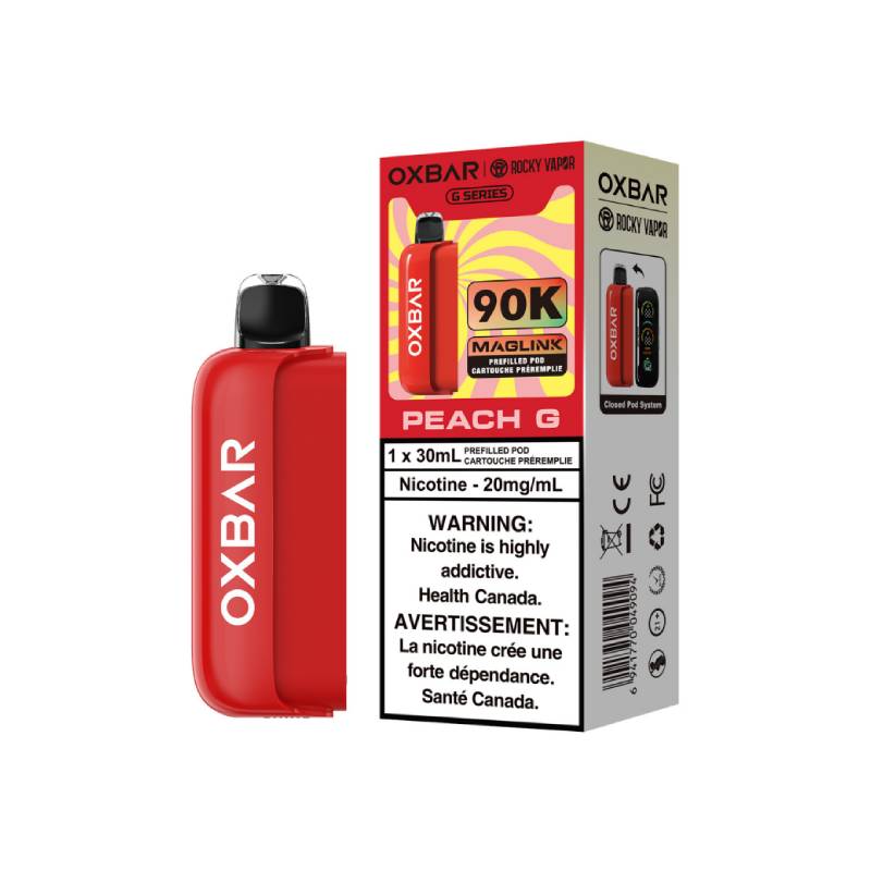 OXBAR x Rocky Vapor Magic Link 90K G Series Peach G prefilled vape pod with retail packaging