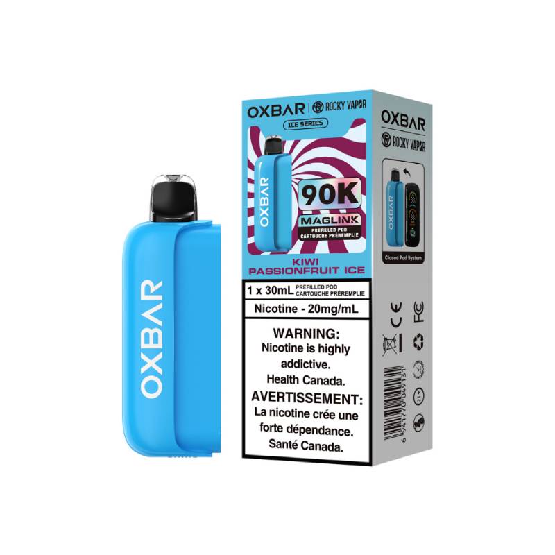 OXBAR x Rocky Vapor Magic Link 90K Ice Series Kiwi Passionfruit Ice prefilled vape pod with retail packaging