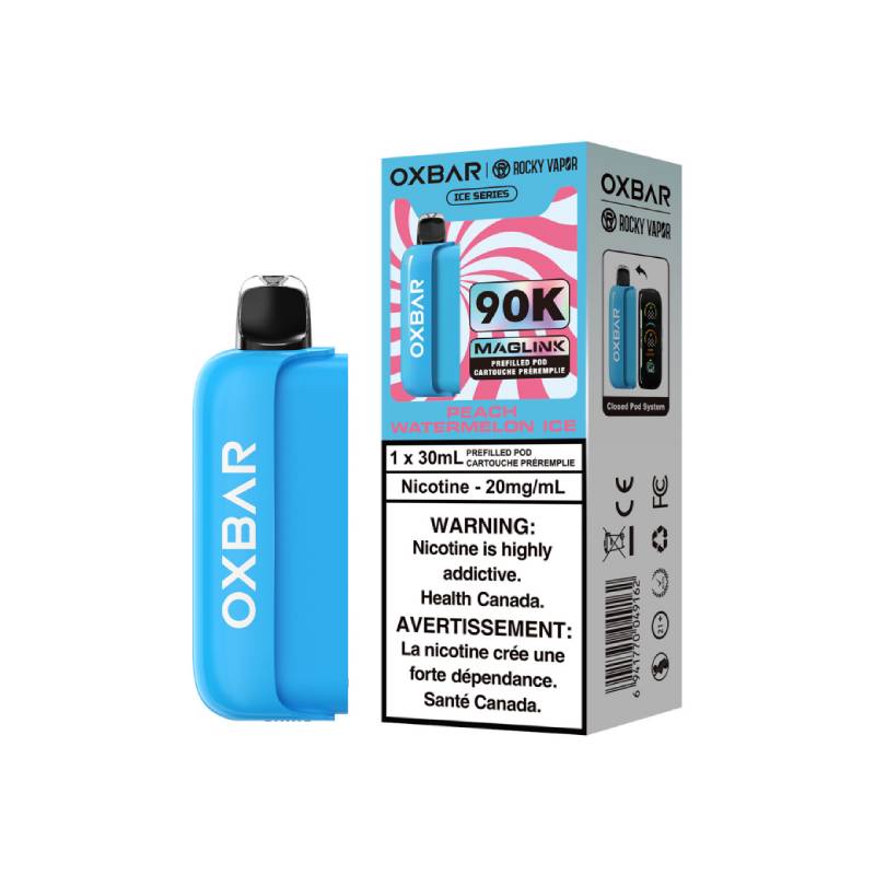 OXBAR x Rocky Vapor Magic Link 90K Ice Series Peach Watermelon Ice prefilled vape pod with retail packaging